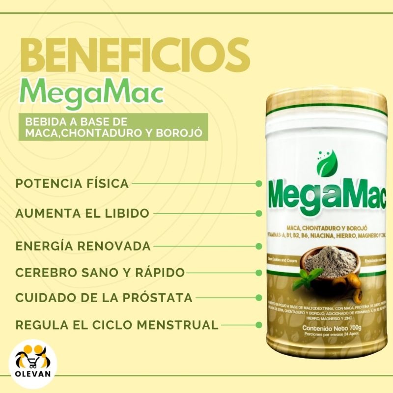 beneficios megamac suplemento dietario potencia y energía antioxidante natural bebida a base de maca chontaduro y borojó proteína de suero maltodextrina tienda olevan