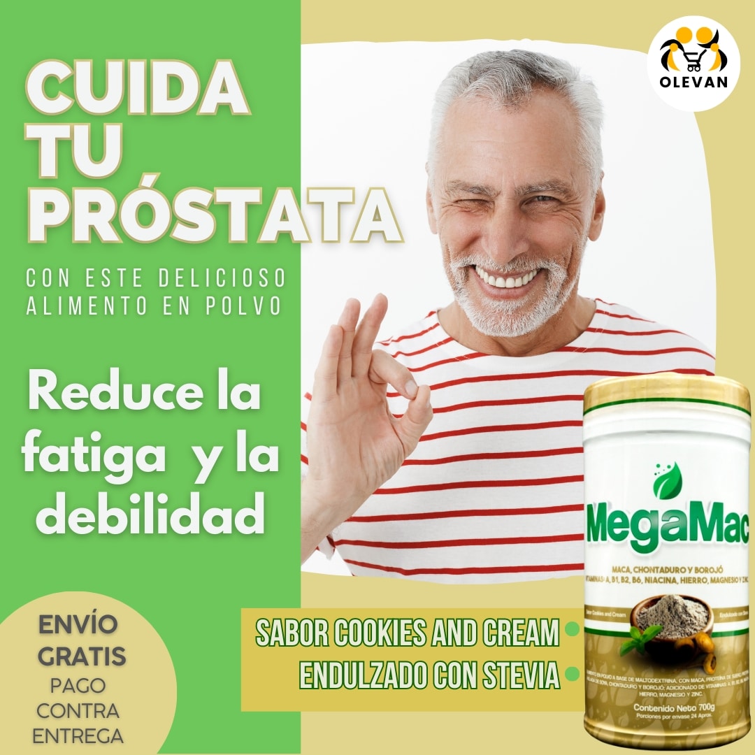 MegaMac Suplemento Dietario Potencia y Energía 7 cuida tu prostata con megamac suplemento dietario potencia y energía antioxidante natural bebida a base de maca chontaduro y borojó proteína de suero maltodextrina tienda olevan