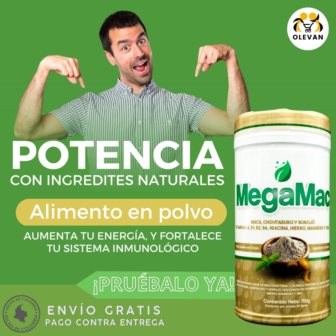MegaMac Suplemento Dietario Potencia y Energía 2 mejora la potencia con ingredientes naturales megamac suplemento dietario potencia y energía antioxidante natural bebida a base de maca chontaduro y borojó proteína de suero maltodextrina tienda olevan