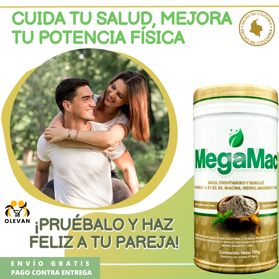 MegaMac Suplemento Dietario Potencia y Energía 6 salud y potencia de manera natural megamac suplemento dietario potencia y energía antioxidante natural bebida a base de maca chontaduro y borojó proteína de suero maltodextrina tienda olevan
