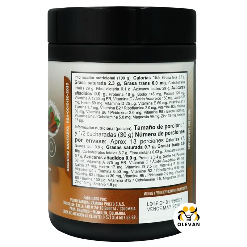 Tabla nutricional del coffee + colágeno alimento en polvo a base de crema de coco tienda olevan